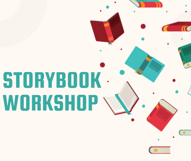 various books floating around with the words storybook workshop